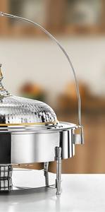 Calentador de Comida Tipo Buffet Redondo de Acero Inoxidable Martillado de Lujo con Tapa Dorada y Asa Arqueada para Bodas y Fiestas - Product Image 4