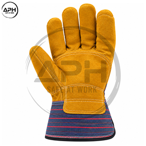 Heavy Duty Yellow Split Cowhide Leather Rigger Gloves Striped Canvas Back Rubberized Cuff Industrial <b>Builder</b> Mechanic Work Glove - Product Image 2
