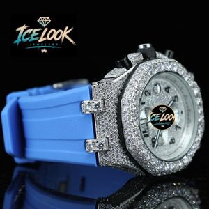 Reloj de Cuarzo con Aspecto de Hielo, Bisel con Diamantes, Cronógrafo, Correa de Silicona Azul, Reloj de Pulsera de Lujo y Moda - Product Image 4