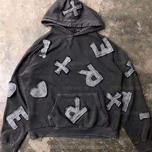 Sudadera con capucha para hombre, 100% algodón, de peso pesado, de lujo, con parche bordado y diseño estampado, estilo desgastado, con bordado desgastado. - Product Image 2
