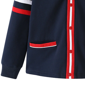 Cardigan en molleton de haute qualité pour homme, col en V, bleu marine, avec bordure rouge et blanche, manches longues, fermeture boutonnée, vêtement d'automne - Product Image 4
