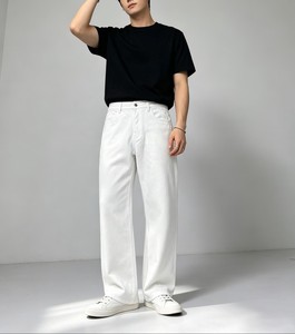 Men's <b>White</b> Cotton Casual Pants Wide Leg Straight Fit Mid Waist Drawstring Closure Lightweight Oxford Fabric Summer Wear - Product Image 5