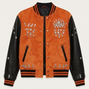 Custom Orange and <b>Black</b> Varsity <b>Jacket</b> for Men Rhinestone Studded Letterman Bomber Baseball Streetwear Coat For Unisex Wear - Product Image 3