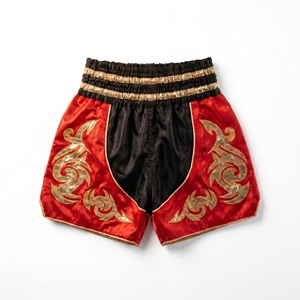 Custom Black Red Men Muay Thai Shorts Metallic Gold <b>Applique</b> Patches Kickboxing Trunks Wholesale Custom Logo MMA Fighting Shorts - Product Image 1