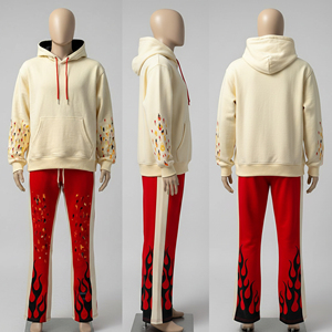 Ensemble de survêtement streetwear personnalisé 100 % coton pour homme, avec sweat à capuche et pantalon patchwork, joggers empilés évasés, deux pièces - Product Image 1