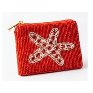 Magnifique porte-monnaie en perles de verre rouge avec étoile blanche, pochette de rangement pour pièces de monnaie, sac à perles de verre, cadeau d'anniversaire pour femme - Product Image 1