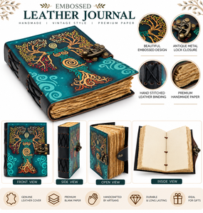 Handmade Embossed Leather Journal <b>with</b> Tree Design, Antique Metal <b>Lock</b>, Deckle Edge Paper and Rustic Artisan Bound Cover - Product Image 6