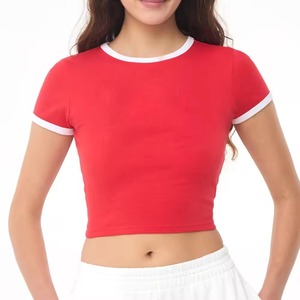 Camiseta Corta de Mujer con Logotipo Personalizado, Cuello Redondo, Manga Corta, Color Sólido, Tejido de Punto, Informal, Transpirable - Product Image 1