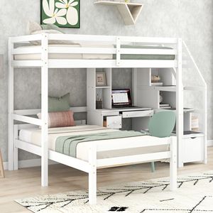 Letto a soppalco singolo bianco con letto indipendente, scala contenitore, scrivania, scaffali e cassetti - Product Image 3