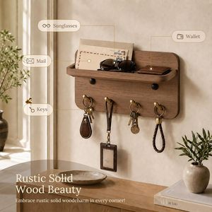 Porta Llaves Rectangular de Madera Maciza con Ganchos de Hierro e Imanes Ocultos, Diseño Flexible, Color Marrón Vintage, para Montar en la Pared - Product Image 3