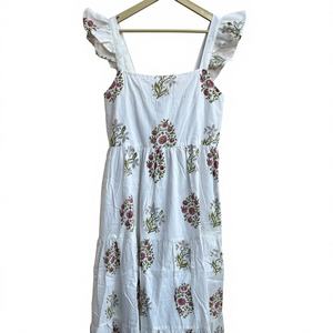 Vestido bohemio vintage de verano sin mangas de algodón con alegre estampado floral multicolor bloque de mano cuello cuadrado estilo retro hecho a mano - Product Image 1