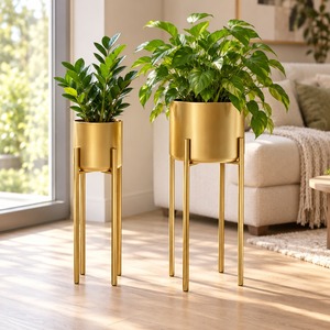 Juego de 2 Macetas Modernas y Elegantes de Hierro Dorado Ecológicas para Interiores, Diseño Único, Incluye Soporte, para Decoración del Hogar, Oficina o Jardín - Product Image 1