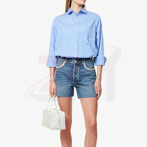 Shorts en jean délavé taille haute pour femme, coupe droite décontractée, avec poches, en coton bleu uni, idéal pour l'été - Product Image 4