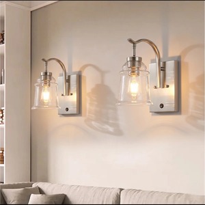 Industrial <b>Wall</b> <b>Sconce</b> with Clear Glass Shade Brushed Nickel Finish Rectangle Backplate Decorative <b>Lighting</b> Fixture - Product Image 1