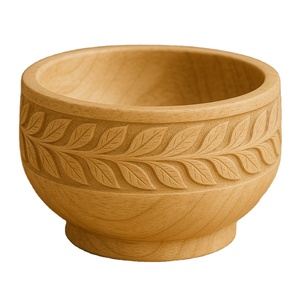 Bol en bois sculpté naturel avec gravure de motif de feuille dans une finition lisse et légère, idéal pour servir des fruits secs, décoration intérieure, cadeau élégant - Product Image 1