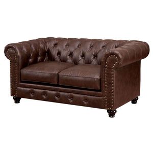Divanetto Contemporaneo in Similpelle Marrone con Bottoni Trapuntati, Braccioli Arrotolati e Finiture con Borchie per Soggiorno - Product Image 5