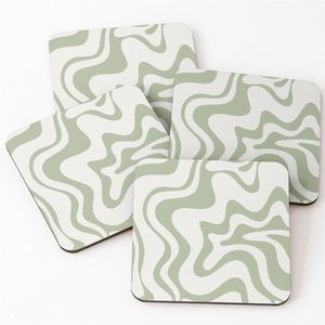 Sage Green Wavy Marble Absorbent Wooden <b>Coasters</b> Set of 4 Non-Slip <b>Cork</b> Base Table Protection Modern Aesthetic Room Decor Gift - Product Image 1