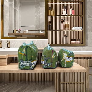 Juego de 3 Bolsas de Cosméticos Grandes de Algodón Acolchado con Estampado de Bloques, Reutilizables, con Asa Suave, Hechas a Mano, con Cierre de Cremallera, Ecológicas - Product Image 3