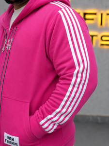 Men's <b>Pink</b> Hooded Zip-Up <b>Sweatshirt</b> Custom Logo Embroidery Patch Zip up Hoodie Sweatpants Stripe OEM Cotton Zipper Hoodie - Product Image 4