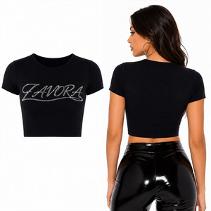 High Quality Slim Fit Crop <b>Top</b> Custom Letter Print Rhinestones Summer Workout Shorts Logo Decorated with Diamonds Women's Shirts - Product Image 2