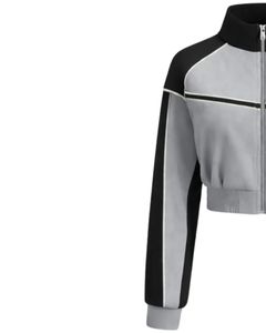 Grey Black Women Cropped Track <b>Jacket</b> <b>Zip</b> <b>Up</b> Sports <b>Jacket</b> Fitness Gym Activewear Contrast Stripe Training <b>Jacket</b> Manufacturer - Product Image 3