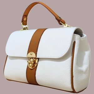 Sac fourre-tout en cuir véritable fait main Royaa |   Sac à main élégant et tendance |   Artisanat artisanal blanc et brun |   Fermeture éclair L26xH18xD10CM - Product Image 2