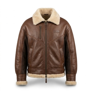<b>Brown</b> Real Shearling Bomber <b>Jacket</b> <b>Mens</b> Warm Fur Lined <b>Leather</b> Flight Coat Heavyweight B3 Aviator Winter Outerwear - Product Image 1