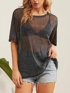 Camiseta de malla transparente de manga corta con hombros caídos y estampado personalizado para mujer, talla grande, estilo desgastado, para playa y exteriores, de poliéster - Product Image 2