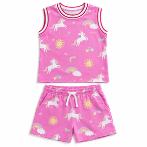 Conjunto de Camiseta sin Mangas y Pantalones Cortos de Algodón Tejido de Color Puro Unicornio, Cuello Redondo, Estilo Casual de Verano, Unisex, Color Personalizado - Product Image 1