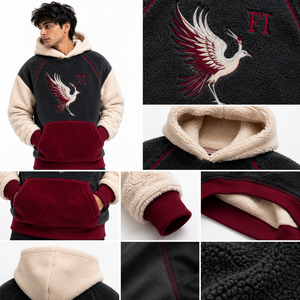 Sweat-shirt à capuche en polaire pour hommes, personnalisé avec logo brodé d'oiseau, manches raglan, coupe oversize, décontracté, pour l'hiver, avec poche avant, vente en gros - Product Image 4