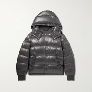 Chaqueta acolchada para hombre, negra brillante, con cuello alto, ligera, de nailon, con cierre de cremallera, a prueba de viento, con relleno de plumón. - Product Image 2