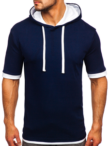 T-shirt à capuche blanc pour homme, manches courtes, bordure contrastée, coupe classique, tricoté, couleur unie, style décontracté - Product Image 2