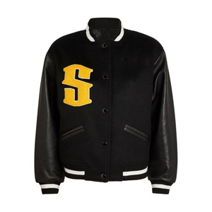 Chaqueta Varsity Negra para Hombre, Manga de Cuero PU, Letra S Bordada, Estilo Preppy, Cuello Camisero, Corte Regular, Ropa de Otoño - Product Image 1