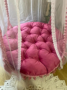 Pink Cotton Rope Luxurious Macramé <b>Swing</b> Bed Cushioned <b>Hammock</b> Seat Round Hanging Chair with Netting for Indoor Relaxation 72" - Product Image 3