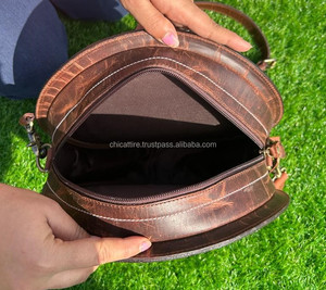 Custom Hot Selling Leather Sling Bag Cowhide Tooled Leather Round Handbag Women Carving Leather Shoulder Sling Bag Canteen Bags - Product Image 6