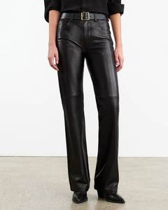 <b>Men's</b> High Waist Black Leather Straight Pants Moto Style Button Fly Autumn Wear - Product Image 4