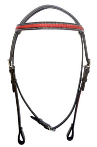 Cabezada para caballo estilo western ajustable, trenzada a mano, de cuero genuino, con frenteal de cuero crudo rojo y cuero negro 519 - Product Image 3