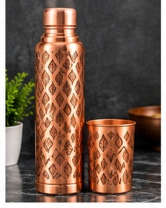 Ensemble traditionnel de bouteille et de tasse en cuivre avec couvercle, motif floral, thermos portable pour les voyages - Product Image 5