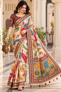 Sari de Seda Satinada Premium con Estampado Digital de Posiciones, Motivos Tradicionales, Diseño de Diseñador, Borlas de Bola en el Pallu, Colorido y Sin Arrugas - Product Image 2