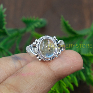 Bague en argent sterling 925 avec labradorite bleue naturelle, faite à la main, style bohème vintage, cabochon rond, pierre précieuse, pour femme - Product Image 6