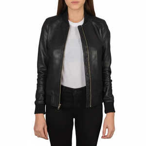 Chaqueta Bomber de Piel de Oveja Negra Premium para Mujer, Hecha a Mano, Talla XS, Impermeable, Resistente al Viento, de Secado Rápido - Product Image 1