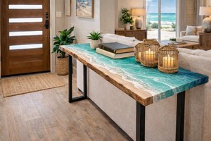 Mesa Consola Rectangular de Madera con Resina Epoxi Ola del Océano Pacific Horizon, Mueble Costero Hecho a Mano para Bar o Playa - Product Image 6
