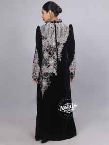 Robe Abaya Kaftan importée en velours, ornée de cristaux et de perles, unie, longue jusqu'au sol, à manches longues, modeste, simple, 100% polyester, coupe trapèze - Product Image 3