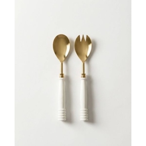 Ensemble de 2 ustensiles de service modernes en acier inoxydable doré, cuillère et fourchette à long manche, finition mate - Product Image 4