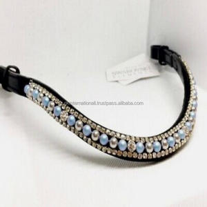 Banda de cuero genuino negro de alta calidad para cejas de caballo, diseño personalizado con 3 filas de perlas azules y cristales blancos, banda para cejas de caballo - Product Image 4