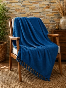 Solid <b>Blue</b> Rectangular Woven Throw <b>Blanket</b> with Tassels All-Season Home Use Simple Style Folded Wool Acrylic Material - Product Image 5