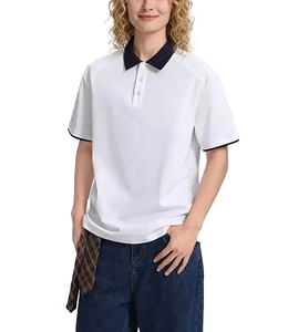 Polo oversize pour femme, couleur unie, manches courtes, décontracté, en tissu Oxford de coton, col et poignets violets, best-seller 2026, ODM - Product Image 2