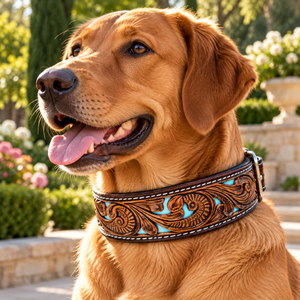 Collar de perro de cuero repujado turquesa estilo western con almohadillas para el cuello |   Collar Canino Ajustable con Hebilla Cosida y Duradera - Product Image 3
