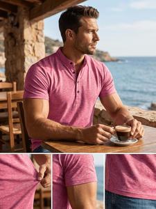 Men's Stand Collar Short Sleeve Knitted T-Shirt Slim Fit Solid Color Casual Regular Length Pink Summer 200 Grams Breathable - Product Image 2