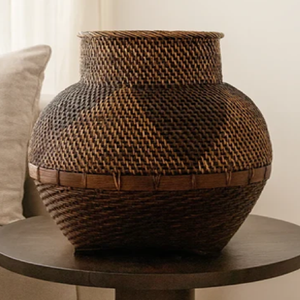 Set of two <b>small</b> patterned woven rattan <b>vases</b> with wide rims and round bodies, available at wholesale prices. - Product Image 3